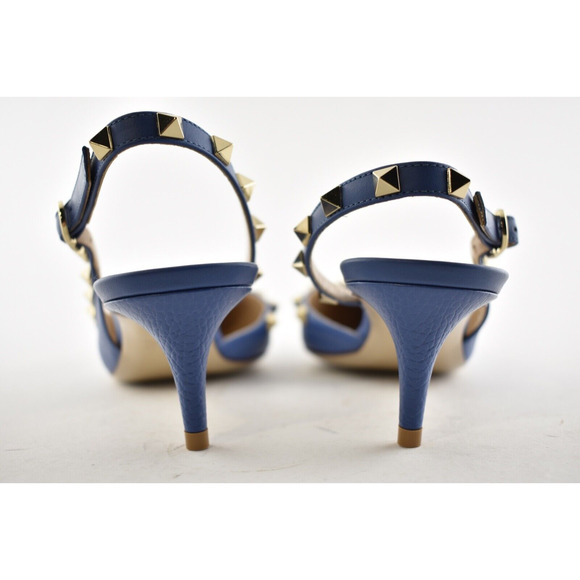Valentino Rockstud 50 Blue Gold Stud Slingback Strap Sandal Kitten Heel Pump 38 - Picture 10 of 11